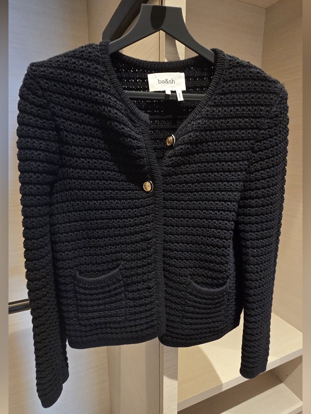 ba&sh Black Open-Knit Cardigan with Gold-Tone Button